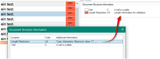 Screenshot of Trados Studio showing the Document Structure Information window with a red arrow pointing to the 'Length Restriction' column which is missing length information for validation.