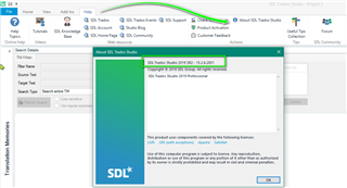 Screenshot of Trados Studio 'About' window showing version number 2019 SR2 15.2.0.1041.