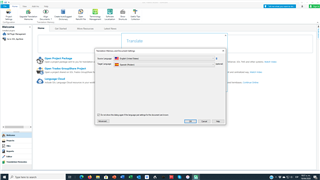 Trados Studio screenshot showing the Translate window with no errors or warnings. The Source Language is set to English (United States) and the Target Language is set to German (Germany).