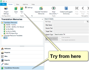 Trados Studio screenshot showing the Translation Memories View with a highlighted suggestion to 'Try from here'.