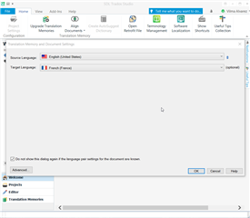 Trados Studio screenshot showing Translation Memory Settings window with Source Language set to English (United States) and Target Language set to French (France). The OK button appears unresponsive.