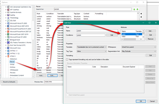 Trados Studio screenshot showing the Options dialog with HTML file type settings. Red arrows point to 'Translatable' checkbox and 'Attributes' tab.