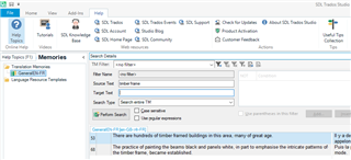 Trados Studio TM view with a filter set up for Source Text 'timber frame' showing two translation units listed.