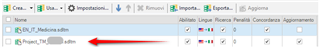 Screenshot showing Trados Studio interface with a red arrow pointing to a ProjectTM with a dotted line under the Main TM.