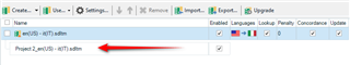 Image of Trados Studio displaying a ProjectTM with a red arrow indicating the TM's name and a dotted line.