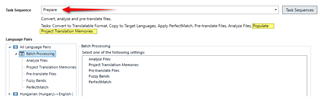 Trados Studio batch task menu with a red arrow pointing to the 'Prepare' task and a note to use this when creating a project.