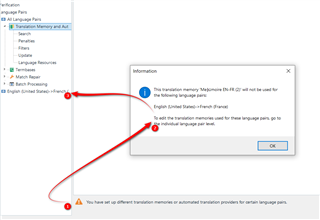 Trados Studio screenshot showing an informational message indicating that the translation memory 'MyMemoryName' will not be used for the English (United States) to French language pair.