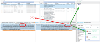 Screenshot of Trados Studio showing termbase viewer with 'dechets' translation, term-recognition box recognizing the term, but verify task not detecting it, marked with red cross and green check marks.