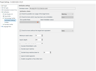 Screenshot of Trados Studio project settings with verification settings showing options for term check with no visible errors or warnings.