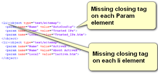 Screenshot highlighting missing closing tags on 'Param' and 'li' elements in the source file.