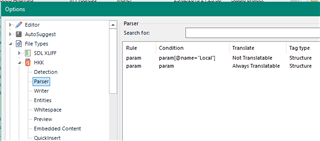 Screenshot of Trados Studio parser rules setup with conditions for 'param' elements to be not translatable when name='Local'.