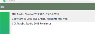 SDL Trados Studio 2019 SR2 - 15.2.6.2831 version information displayed with no visible errors or warnings.