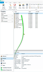 Screenshot of Trados Studio showing the Translation Memories view with an arrow pointing towards the Projects tab indicating where to click to select a project and open it in EDITOR mode.