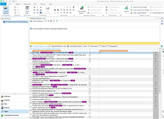 Trados Studio screenshot of the Editor mode with an open sdlxliff file displaying source and target segments for translation.