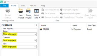 Trados Studio Projects View with a filter set to 'Show all projects' and one project named 'SDL002' with status 'In Progress'.