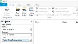 Trados Studio Projects View with the Type filter set to 'Trados GroupShare projects' and no projects displayed.