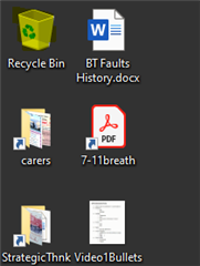 Windows desktop with an empty Recycle Bin icon and various files including a Word document named BT Faults History.docx and a PDF named 7-11breath.