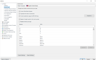 Trados Studio Options dialog showing AutoCorrect settings with 'English (United States)' selected and grayed out, unable to change to 'English (United Kingdom)'.