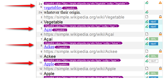 Screenshot of Trados Studio showing a list of items with red arrows pointing to lines 5, 8, and 11, which are highlighted in pink indicating they are not locked as per user's request.
