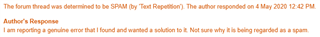 Screenshot showing a forum thread marked as spam due to text copy-pasting, with a response from the author explaining a workaround by saving the error message as an XML file.