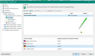 Trados Studio Project Settings window showing Termbase enabled with a green checkmark next to the 'Enabled' option.