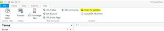 Screenshot of Trados MultiTerm with the Help menu expanded showing the 'Check for Updates' option highlighted.