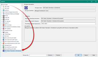 Trados Studio options menu with 'File Types' expanded showing 'SDL Trados Translator's Workbench' filetype selected above other Word filetypes.