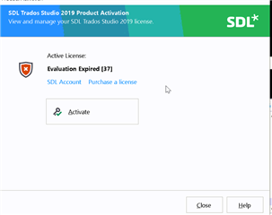 SDL Trados Studio 2019 Product Activation window showing an error message 'Evaluation Expired 37' with an 'Activate' button and options to 'Close' or seek 'Help'.