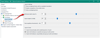 Trados Studio project settings window showing Translation Memory and Automated Translation settings with a red arrow pointing to Minimum match value slider.