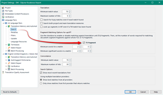 Close-up of Trados Studio project settings with a red box highlighting the Minimum match value for a match and Search depth settings.