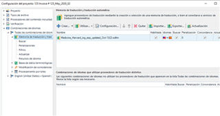Trados Studio project settings window showing language combination 'ENG-US_SPA_INTERNAT.' as updated in the translation memory settings.