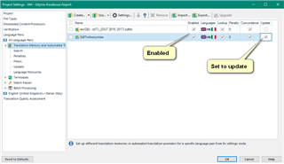 Screenshot of Trados Studio Project Settings showing the Translation Memory and Automated Translation tab with 'Enabled' and 'Set to update' options highlighted.