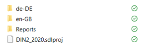 Screenshot showing a list of project folders and files in Trados Studio with checkmarks indicating successful recognition, except for the 'DIN2_2020.sdlproj' file which lacks the usual sdl project icon.