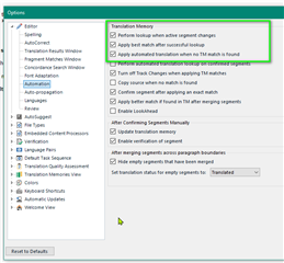 Trados Studio settings window showing Editor options with 'Automated Translation' section highlighted indicating 'Apply best match with source segment changes' is not enabled.