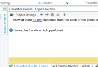 Trados Studio error message in Translation Results pane stating 'No matches found or no lookup performed.' with a yellow warning icon.