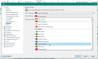 Trados Studio screenshot showing the Options dialog with Editor Languages tab open, displaying a list of languages including German, Greek, and Japanese among others.