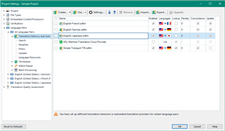Trados Studio Project Settings window showing Translation Memories and Search tabs with a warning message 'You have not set different translation memories or automated translation providers for certain language pairs.'