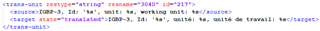 Screenshot of Trados Studio showing XML code with segmented source file, including tags for source and target elements.