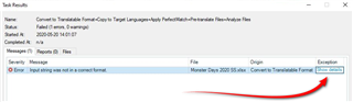 Trados Studio Task Results window showing an error message 'Invalid string table id: a context keyword.' with a red arrow pointing to the 'More details' link.