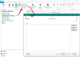 Trados Studio Translation Memories view with the 'Import' option highlighted, indicating the process to import an SDLXLIFF file into a Translation Memory.