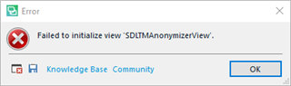 Error dialog box with red cross icon saying 'Failed to initialize view 'SDITMAnonymizerView'. Buttons for Knowledge Base and Community are present with an OK button.