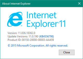 About Internet Explorer window showing version 11.836.18362.0 and update version 11.0.190 (KB4556798).