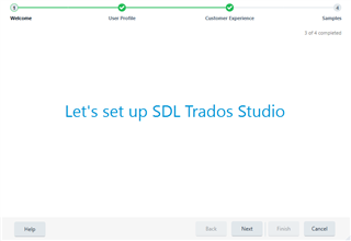 Initial setup screen for SDL Trados Studio with the text 'Let's set up SDL Trados Studio' and options for Help, Back, Next, Finish, and Cancel.