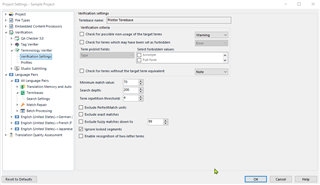 Trados Studio project settings window showing Verification settings with a warning message indicating too many false results due to 100% match value setting.