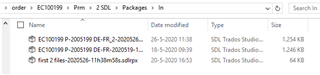 Screenshot of a Trados Studio project folder showing a subfolder named 'in' with three files inside, two SDL Trados Studio files and one file with no extension, all dated 15-06-2020.