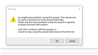 Warning message in Trados Studio stating 'You might have problems saving this project. This may be due to a lack of permissions to the project filefolder. Click OK to continue with caution, or Cancel to stop using this project and remove it from the list.' with OK and Abort buttons.