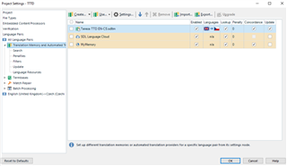 Screenshot of Trados Studio Project Settings window showing TM configurations with 'SDL Language Cloud' and 'MainTM' listed.