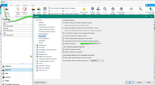 Trados Studio screenshot showing the File Options menu with the LookAhead feature checkbox highlighted, indicating the step to disable it.