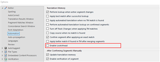 Trados Studio Options menu with 'Enable LookAhead' option highlighted in red under the Automation section.
