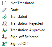 Trados Studio screenshot showing status icons including Not Translated, Draft, Translated, Translation Rejected, Translation Approved, Sign-off Rejected, and Signed Off.